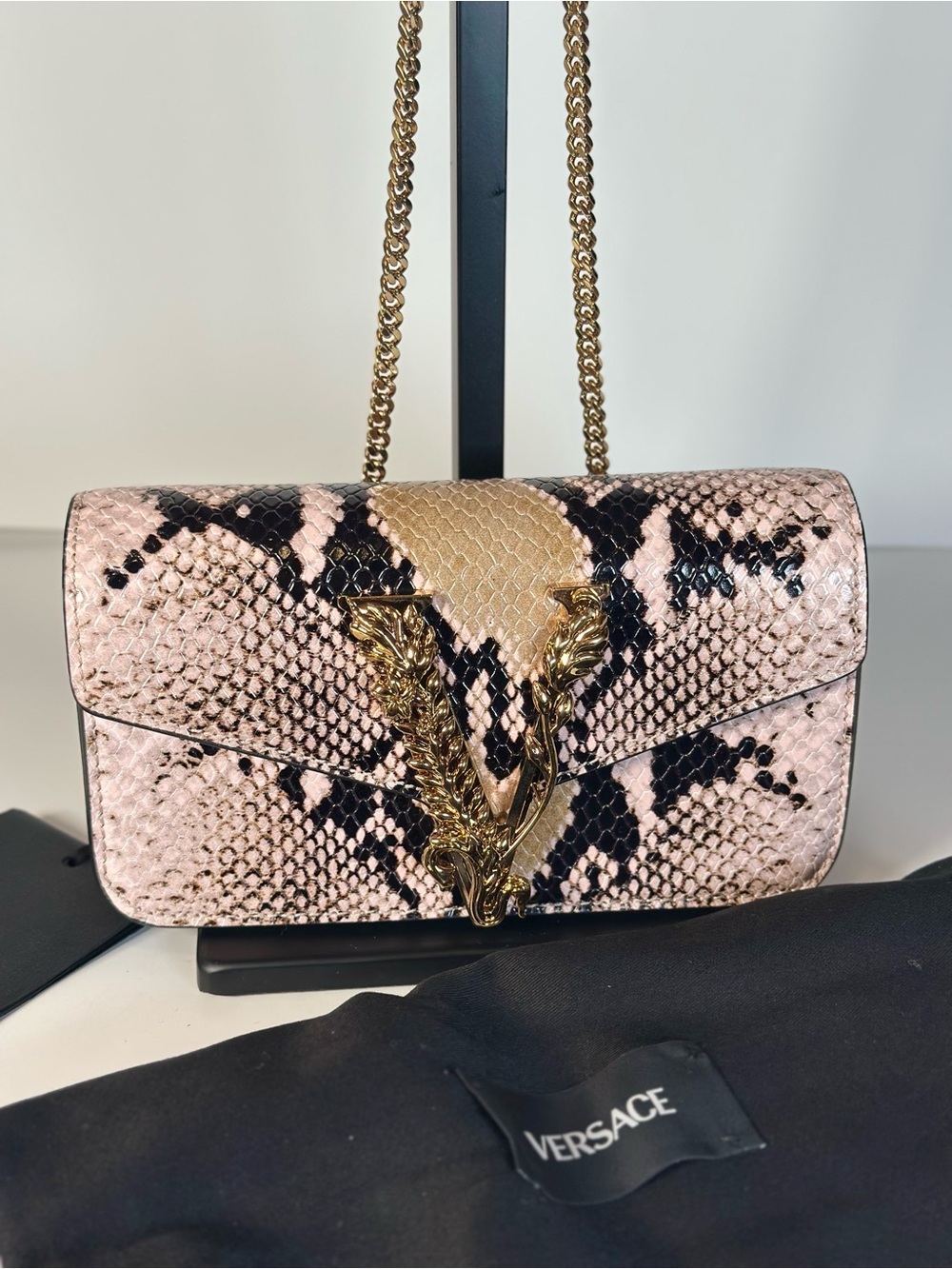 NWT Versace Pink and Black Python Crossbody Bag with Gold V Hardware